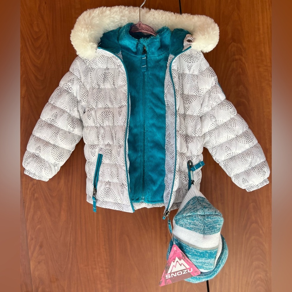 Snozu - White mosaic warm puffy down Jacket w/Beanie Faux Fur (Size 2t ) NWT - Picture 3 of 8